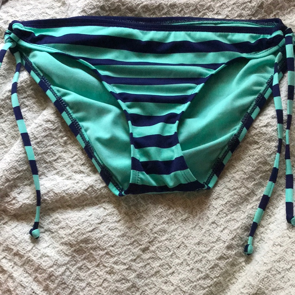 Teal and blue striped bikini bottoms